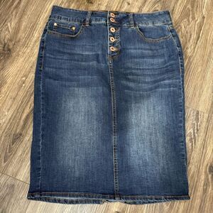 Classic Dark Blue Denim Pencil Skirt with Button Front